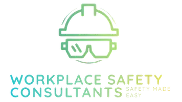 Workplace Safety Consultants Logo - Has an icon of a hard hat and safety goggles above the words "Workplace Safety Consultants" with the slogan in smaller writing saying "Safety made easy"