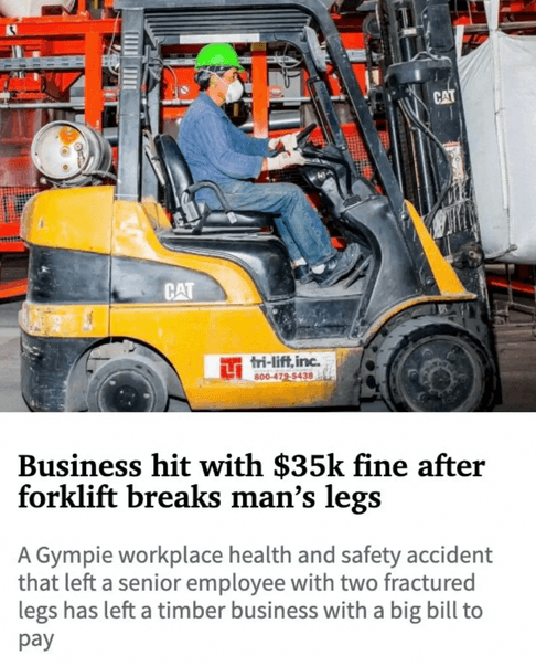 Newspaper article heading stating a business was hit with a $35K fine after a forklift breaks a man's legs